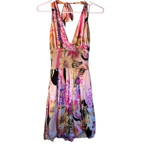 Vintage‎ Cache Pink Smocked Plunge Halter Dress Silk Size 4